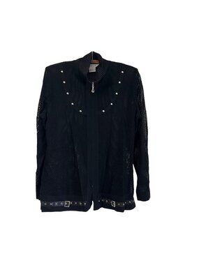 Exclusively Misook Black Open Knit Studded Buckle Full Zip Cardigan Sweater S